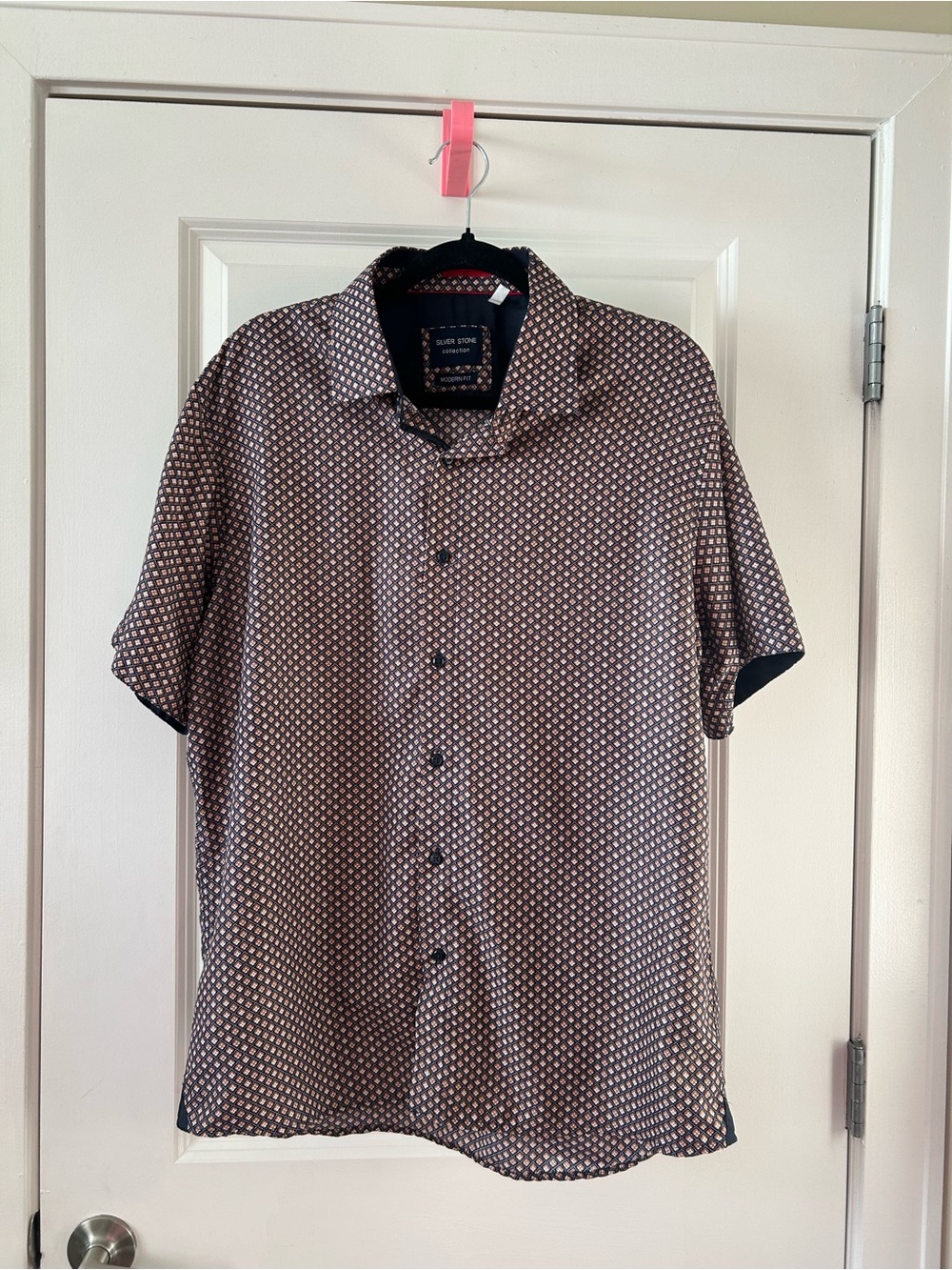 Short-Sleeve Geometric Print Button-Down Shirt - Brown